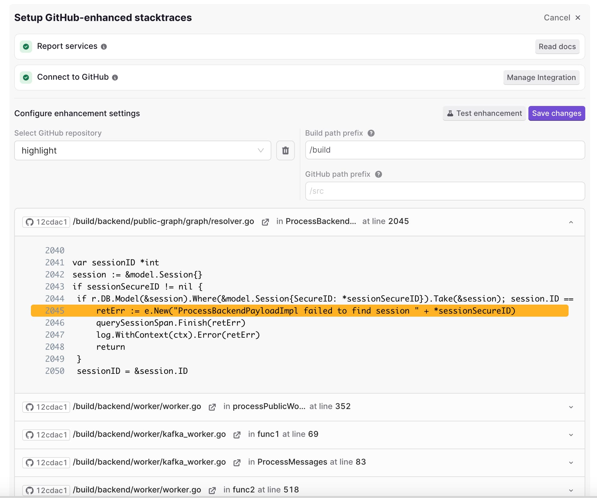 GitHub stack trace settings